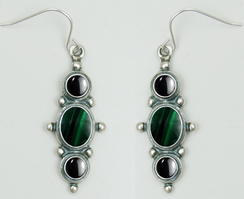 Sterling Silver Drop Dangle Earrings With Malachite And Hematite